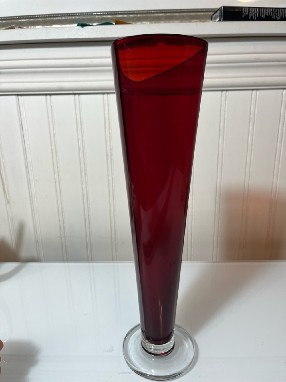 Vintage Ruby Red Art Glass Vase Triangular Asymmetrical MCM Clear Pedestal 13"